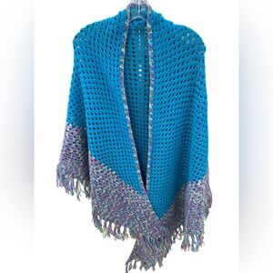 Vibrant Blue and Purple Knit Poncho with Fringe